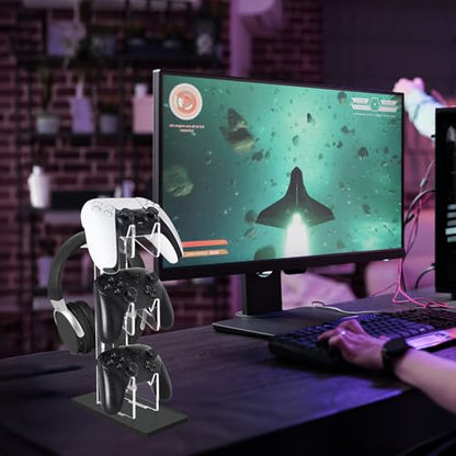 FYY Game Controller Holder 3 Tiers - Universal Dual Controller Stand Headphone Holder, Acrylic Black Controller Display Stand Compatible with Nintendo Switch Xbox PS5 PS4, Desk Mounts for Controller - color: 3-Tier-Black