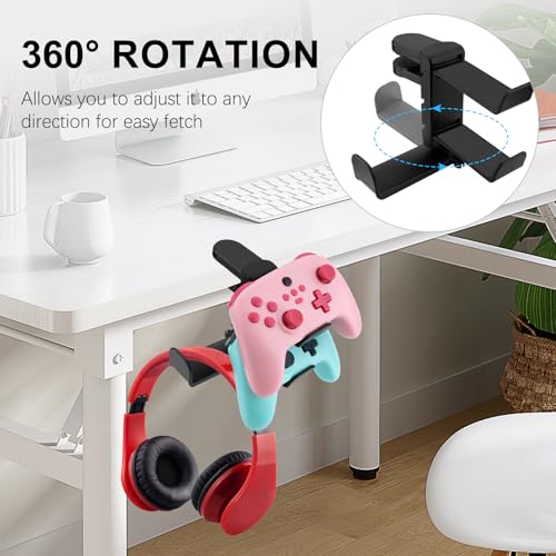 3-in-1 PC Gaming Headphone & Controller Holder for Desk - Headphone Hanger with Adjustable Clamp & Rotating Arm, Under Desk Controller & Switch Stand - Black