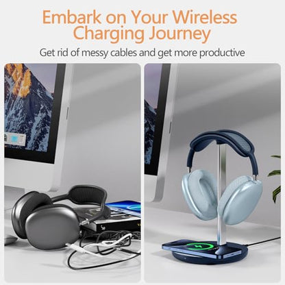 Headphone Stand with Wireless Charger, Gaming Headset Holder Hanger Rack 2 in 1 Wireless Charging Station Dock for iPhone 15/14/13/12/11 Series, Samsung, AirPods Pro/3/2, Aluminum Alloy Rod, Navy Blue - color: Navy Blue