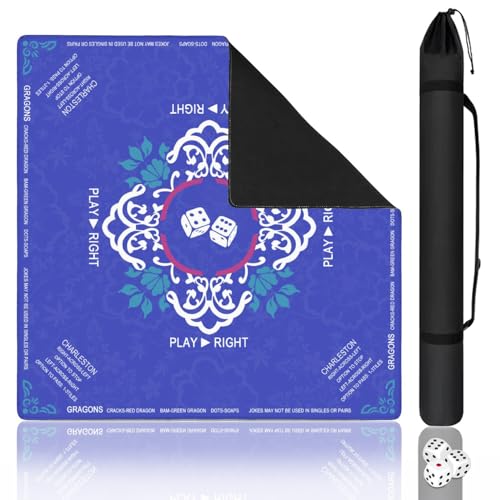 Blue Mahjong Mat with Rules, 31.5*31.5in Anti Slip American Mahjong Mat for Table, Noise Reduction, Neoprene Mah jongg Mats with Carrying Bag & 3 Dices, Mahjong Supplies Gift, Board Tile Games Mats - color: Blue04