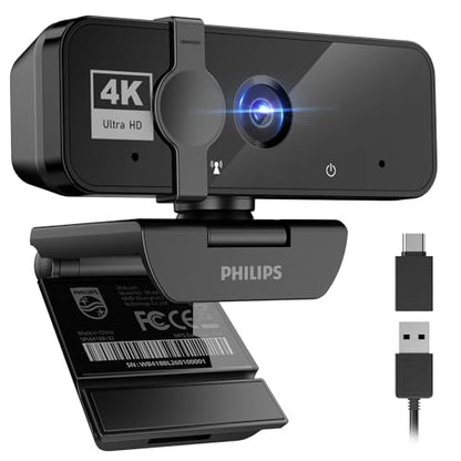 PHILIPS 4K Webcam for PC with Microphone, Computer Camera for Meetings with Privacy Cover, Plug & Play USB Web cam for Laptop, Desktop, Zoom, Teams, Skype, Video Conferencing, Streaming - Black | Plug & Play USB Web cam with Privacy Cover, for Laptop, Des