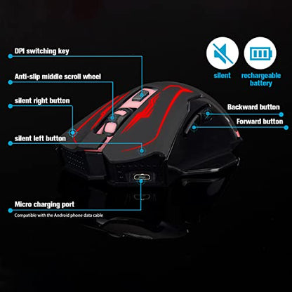 VEGCOO Wireless Gaming Mouse, Silent Click Wireless Rechargeable Mice with Colorful LED Lights & 3-Level DPI Adjustable, 6 Buttons Mouse with Side Buttons & Thumb Rest, Computer Gamer Mouse for PC