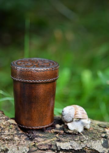 Ulfberth - Viking dice Cup with Embossed Motif - Genuine Leather - Medieval Leather Cup with Engraving (with lid, Vegvisir Embossing, Brown) - color: Vegvisir Brown