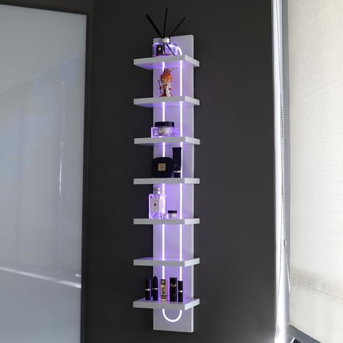 U-Shaped 7-Tier Compact Narrow RGB Light Wall Shelf Unit, White | Modern Vertical Shelf for Vanity, Ideal for Anime Figures, Perfumes, Cosmetics, Colleclibles - color: 7ur-white