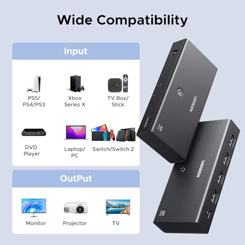 UGREEN HDMI Switch 3 in 1 Out, 4K@60Hz, with Remote, HDR10+, 3D, Dolby | CEC, HDCP2.2, HDMI Splitter, Compatible with Switch 2, PS5/4, Laptop Xbox Roku TV Fire Stick Blu-Ray Player Monitor Projector