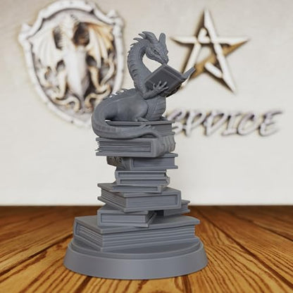AUSPDICE Reading Dragon Miniature for Tabletop RPGs, 32mm DND Minis AS20 | Unpainted Resin Book Dragon on Stacked Tomes for DND, Dungeon Masters, Fantasy Collectors, Tabletop Gamers and RPG Gifts