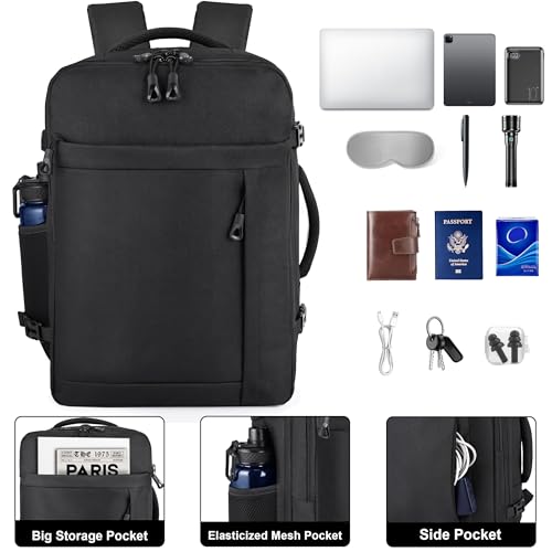 HILOMON Black Travel Backpack for Men Women, TSA Approved Personal Item Size fit for 18x14x8 Under Seat Backpack for Airplanes 15.6inch Laptop 30L Luggage Carry On Bag