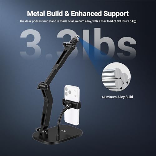 NEEWER Desk Microphone Stand with Phone Clamp & Flexible Arm, Adjustable Table Top Mic Holder Mount with 1/4" to 5/8" Screw Adapter Compatible with Blue Yeti Razer Seiren Mini, Max Load 3.3 lbs, MS022 - style: MS022