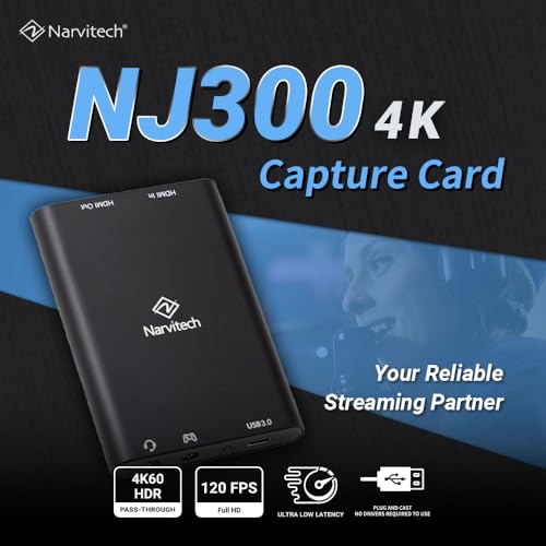 NJ300 HDMI Capture Card, 4K60 Passthrough, 1080P60 Recording, Plug & Play, Low Latency Streaming for Switch 2, PS5, Xbox, PC & Mac. Supports Party Chat Capture.