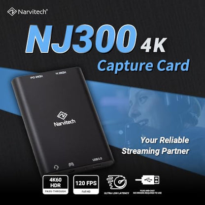 NJ300 HDMI Capture Card, 4K60 Passthrough, 1080P60 Recording, Plug & Play, Low Latency Streaming for Switch 2, PS5, Xbox, PC & Mac. Supports Party Chat Capture.