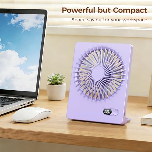 Zuvas Desk Fan Small Rechargeable Battery Table Fans for travel Ultra Quiet | 180° Tilt Folding, LED Dislay, Portable Fan Slim Design, 3 Speed Adjustable, for Office Bedroom Desktop, Cruise Essentials - color: Light Purple