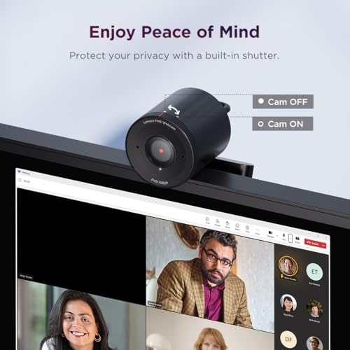 Lenovo FHD Webcam, 1080p Resolution, 30 fps, Dual Noise-Cancelling Microphones, AI Noise Cancellation and Enhanced Image Quality, Physical Privacy Shutter, Microsoft Terms Certified, Black | Dual Noise-Cancelling Microphones, AI Noise Cancellation, Enhanc