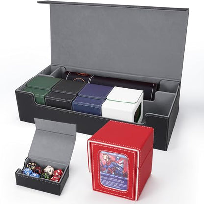 AFIING MTG Deck Box 6 In1 with MTG Playma,Premium Card Storage Box with 5 Pcs MTG Deck Box Holds 2400+ Trading Cards, Large TCG Card Deck Case for Magic Yugioh Sports Cards (Black&Grye) - color: Set Black Grey