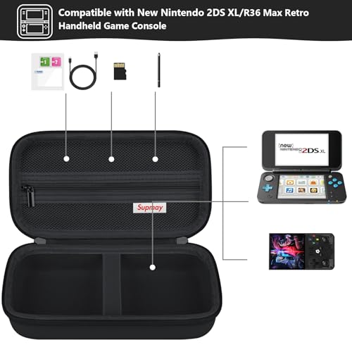 Supmay Carrying Case Compatible with New Nintendo 2DS XL/ R36 Max Retro Handheld Game Console, Video Game Console Travel Bag with Mesh Pocket for Charging Cable, TF Card, Manual, Black