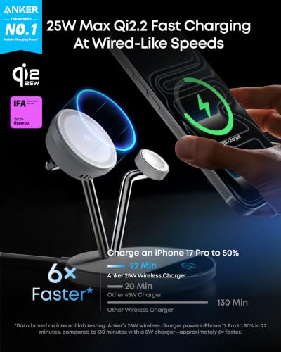 Anker Prime 3-in-1 Qi2.2 MagSafe Compatible 25W Wireless Charging Station | Smart Display with TEC Active Cooling, for iPhone 17, Apple Watch, AirPods Pro, and More (Adapter Included) - color: White