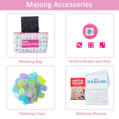 160 Pink Engraved American Mahjong Tiles Set with Carrying Bag and Accessories, 1.2’’ Mahjong Tile Set - color: 1-pink