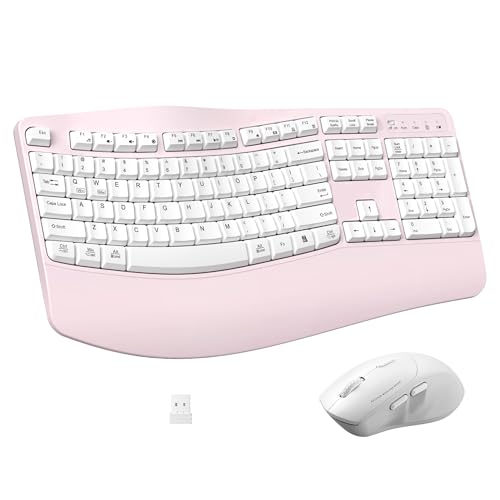 Wireless Keyboard and Mouse Combo,2.4G Ergonomic Wave Keys(Pink) | Full Size Cordless Keyboard with Wrist Rest,3-Level DPI Ergonomic Mouse for Office and Home,Windows/Mac OS/Desktop/Laptop/PC - color: Pink