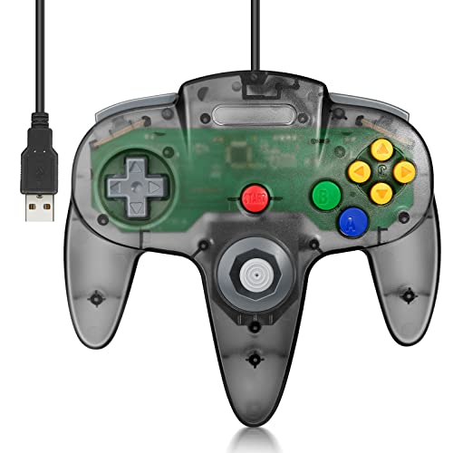 Wired USB N64 Controller, FISUPER Classic Video Game Controller USB Gamepad for Windows PC MAC Raspberry PI Retropie (Clear Black) - color: clear black