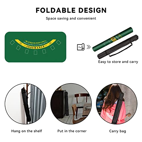 70" x 35" Poker Mat for Table with Carrying Bag, Professional Casino Blackjack Tabletop Layout Poker Table Mat, Non-Slip Rubber Poker Table Top Cover for Parties, Home Entertainment, Poker Game Night - color: Dark Green-blackjack