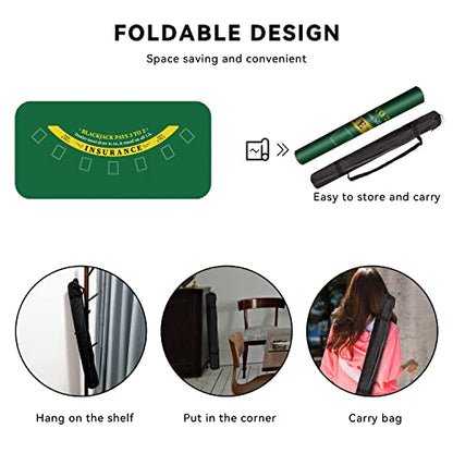 70" x 35" Poker Mat for Table with Carrying Bag, Professional Casino Blackjack Tabletop Layout Poker Table Mat, Non-Slip Rubber Poker Table Top Cover for Parties, Home Entertainment, Poker Game Night - color: Dark Green-blackjack