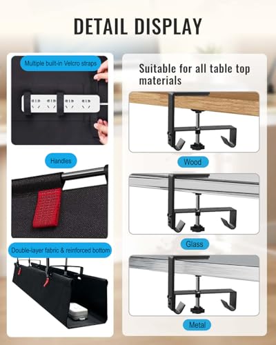 No Drill Cable Management Under Desk, 28" Cord Organizer for Table | Clamp/Screw Mount Cable Management Tray, Premium Black Fabric Desk Cord Management Tray for Office, Home