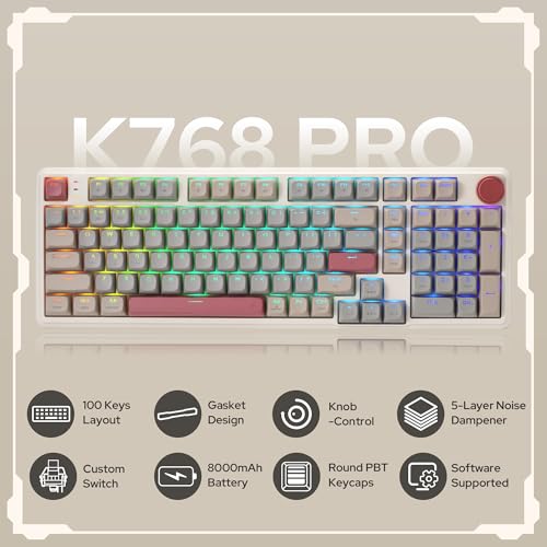 Redragon K768 PRO 100 Keys Wireless Gasket RGB Gaming Keyboard, Massive 8000 mAh PBT Mechanical Keyboard w/Hot-Swap Socket, Dedicated Knob Control & 5-Layer Noise Dampening, Custom Yolk Linear Switch - color: Retro Cocoa