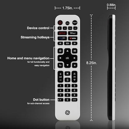 GE Rechargeable TV Remote Control, Universal Remote Control, Backlit | Samsung TV Remote Control Replacement for Smart TVs, Apple TV, Sony, Roku Replacement Remote, LG TV, 4-Device, 80984