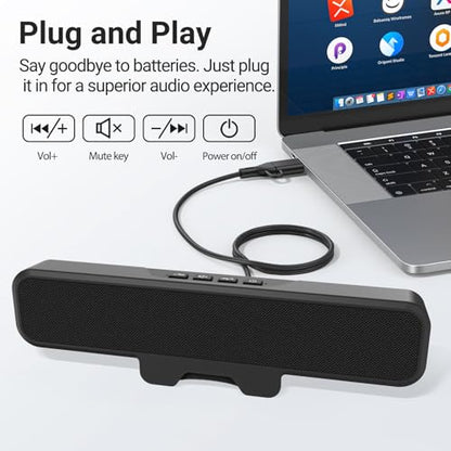 Inwa Computer Speakers for Desktop PC, USB Monitor Speakers with Clip, Wired Computer Sound Bar for Laptop with Loud Sound & Bass, Easily Clamps to Monitors (USB-C to USBAdapter Included)