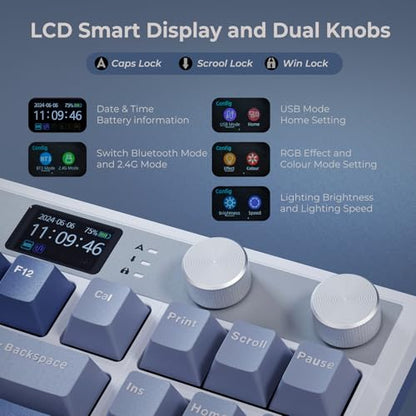 RK ROYAL KLUDGE M87 Wireless Gaming Keyboard with Screen & Dual Knobs, Blue | Bluetooth/2.4G/Wired, Hot Swappable Cream Switches, 5-Layer Noise Dampening Gasket Structure,Compact 75% Size for PC/WIN/Mac - color: Blue