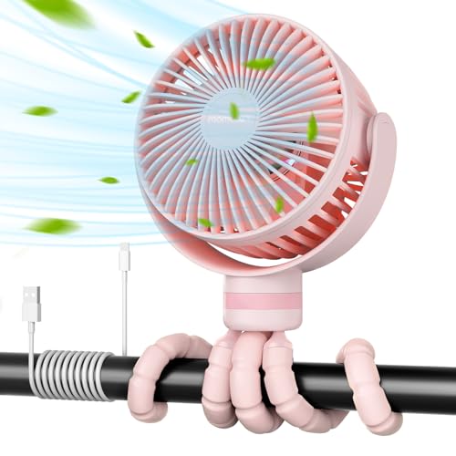 Momcozy 8000mAh Portable Stroller Fan, 27H Ultra-long Battery Life Detachable 4 Speed 360°Rotate LED Night Light with 2 Modes, USB Rechargeable Handheld Cooling Fan for Travel/Car Seat/Bedroom - color: Pink