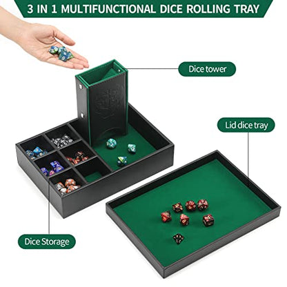 Grajar 3 in 1 Dice Tray with Lid, Portable Dice Box Storage, D&D RPG MTG Table Games (Green) - color: Green