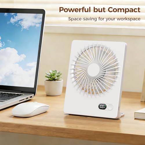 Zuvas Desk Fan Small Rechargeable Battery Table Fans for travel Ultra Quiet | 180° Tilt Folding, LED Dislay, Portable Fan Slim Design, 3 Speed Adjustable, for Office Bedroom Desktop, Cruise Essentials - color: White