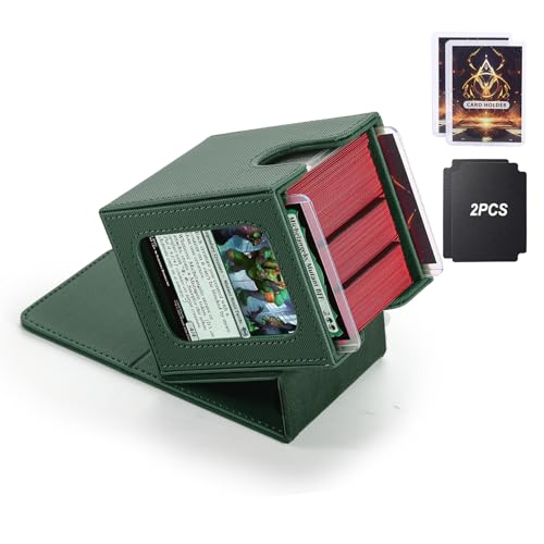 MTG Deck Box, Double Display Window MTG, Commander Deck Box Fits 120+ Single Sleeved Cards, PU Leather Magnetic Closure Card Box with 2 Dividers&2 Toploaders for TCG, CCG, Green - color: Green, size: 1 pack