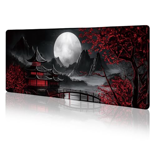 LIMKRIAN Japanese Mouse Pad Large Gaming Desk Mat, Extended Computer Mousepad with Stitched Edges Non-Slip, XL Keyboard Mouse Pad, Aesthetics Full Moon Home Decor Office Desk Accessories 31.5in - color: Japanese Full Moon