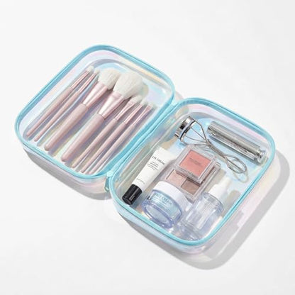 Clear Hard Shell Organizer Cases, 2 Pack | Iridescent PET shell with water-resistant, scratch-resistant surface for travel, toiletries, electronics and daily essentials - color: Blue