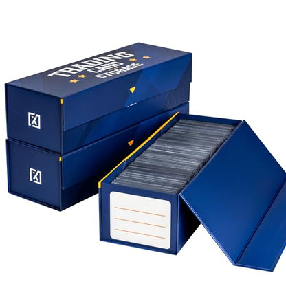 HOMEXPRO Easy Fold Trading Card Storage Box [3 PACK] Magnetic Lid | Toploader Storage Box Fits 800 Cards, 200 Toploaders, or 50 One Touch | Baseball Card Storage Box - Labels included - style: Blue - 3 Pack