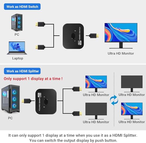 8K Bi-Directional HDMI Switch 2 in 1 Out, 4K@120Hz 8K@60Hz HDMI Splitter Switch, Supports HDR, 3D, Dolby for PS4/5, HD TV