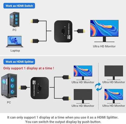 8K Bi-Directional HDMI Switch 2 in 1 Out, 4K@120Hz 8K@60Hz HDMI Splitter Switch, Supports HDR, 3D, Dolby for PS4/5, HD TV