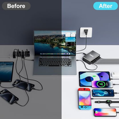 320W USB C Fast Charger Block, Multi-port USB Charging Station, GaN Ⅲ Double 100W PD PPS Port Fast Charging Station for Multiple Devices,Laptop Wall Charger Compatible with MacBook, iPhone 17,iPad etc - size: 320W