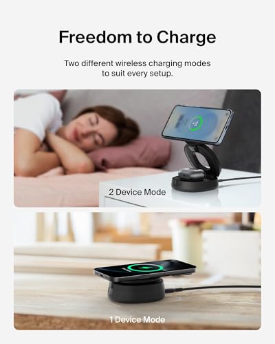 Belkin Qi2 15W Magnetic Wireless Charging Station, 2-in-1 Phone Stand | MagSafe compatible, iPhone 17/16/15, Apple Watch, AirPods, Pixel 10, portable charger stand, 30W adapter - color: Black, style: 2 in 1