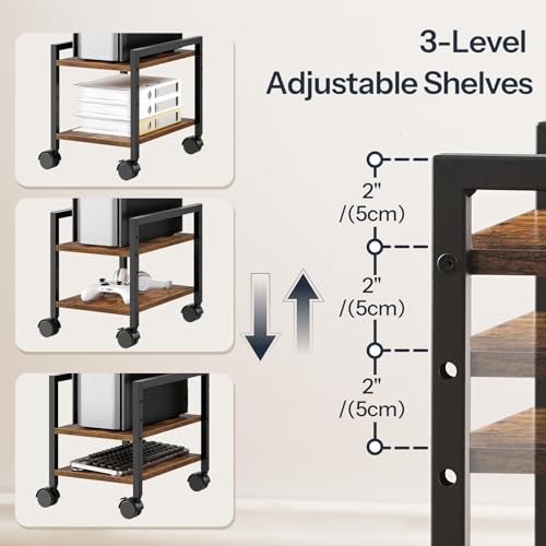 HOOBRO PC Stand, 2-Tier PC Tower Stand Fits Most Computer Towers, CPU Holder for Floor, Height Adjustable, CPU Stand with Wheels Under Desk, for Home Office, Rustic Brown and Black BF11CJ01 - color: Rustic Brown, Black