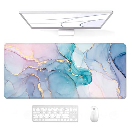Auhoahsil Large Gaming Mouse Pad, Marble Theme XXL 35.4 x 15.7 in Desk Pad Stitched Non-Slip Rubber Long Computer Mousepad Thin Extended Full Size Desk Mat for Desktop Laptop Wireless Mice, Teal Pink - color: 06 Blue Pink Marble, size: 35.5L x 15.7W inche