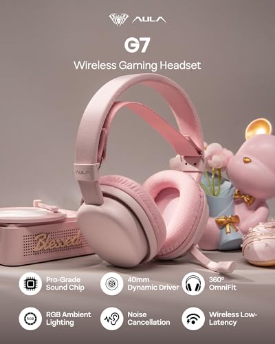 MechLands Aula G7 Wireless Gaming Headset for PS4/PS5/PC/Switch, Over-Ear Headphones with Detachable Noise Canceling Mic, RGB, Surround Sound, 60H Battery, 2.4GHz/BT/Wired (Pink) - color: Pink