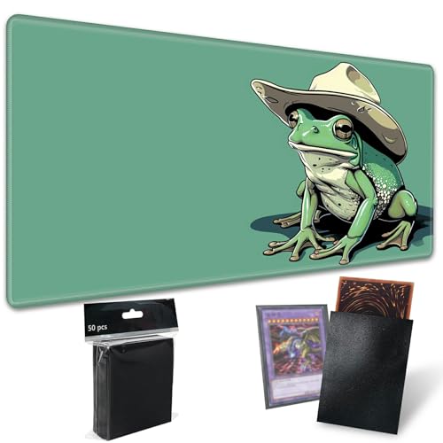 TCG Playmat Board Game Mat Plus 50 Pcs Card Sleeves, 24 x 14 Table Mats Game Mousepad with Soft Surface Non-Slip Base for MTG RPG CCG Trading Card Game Playmats, Green Frog - color: Cowboy Frog, size: 24 x 14 inches - No Zones
