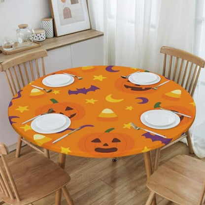 Famame Halloween Pumpkin Cute Candy Round Fitted Tablecloth with Elastic Protector Table Kitchen Dinner Waterproof Oil-Proof Table Covers Fits 40"-44", Small - color: Halloween Pumpkin Candy, size: Small (40"-44")