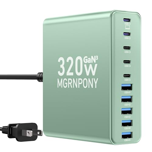 320W USB C Charger Block, 10-Port USB C Charging Station GaN III PD 65W PC Laptop Fast Charger Adapter for MacBook Pro/Air, DELL, iPad, iPhone, Samsung Galaxy (Green) - color: Green