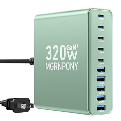 320W USB C Charger Block, 10-Port USB C Charging Station GaN III PD 65W PC Laptop Fast Charger Adapter for MacBook Pro/Air, DELL, iPad, iPhone, Samsung Galaxy (Green) - color: Green