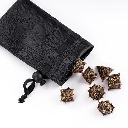 Metal Dice Set Dragon Eye Metal DND Dice Set for D&D Tabletop Games | Leather Storage Bag, DM Gift, for Dungeons and Dragons Role Playing Games - color: Dragon-antique Gold