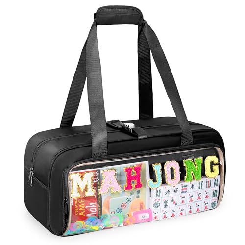 Yarwo 3 PCS Mahjong Bag Empty, Clear American Mahjong Tiles & Rack Bags Set | Zippered Game Storage with Mahjong Mat Strap and Sewn Chenille Letter for Mahjong Tiles, Racks & Pushers, Case Only, Black - color: Black
