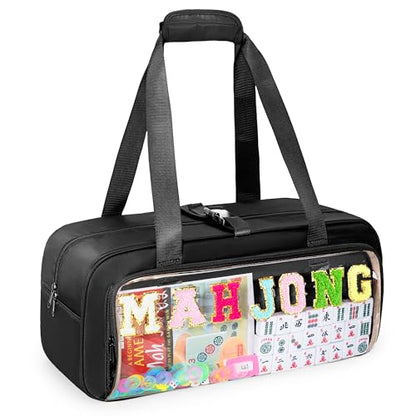Yarwo 3 PCS Mahjong Bag Empty, Clear American Mahjong Tiles & Rack Bags Set | Zippered Game Storage with Mahjong Mat Strap and Sewn Chenille Letter for Mahjong Tiles, Racks & Pushers, Case Only, Black - color: Black